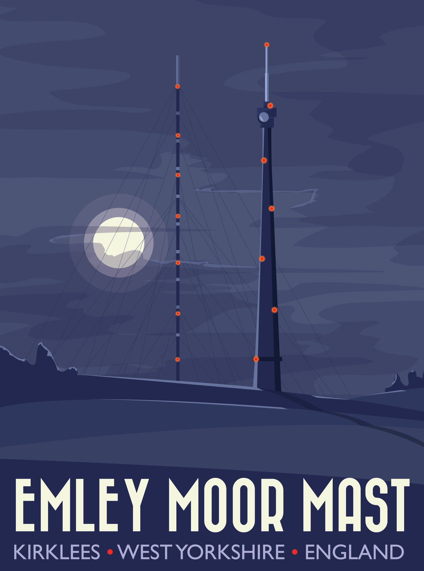 Emley Moor Mast and Temporary Mast - Night Travel Poster