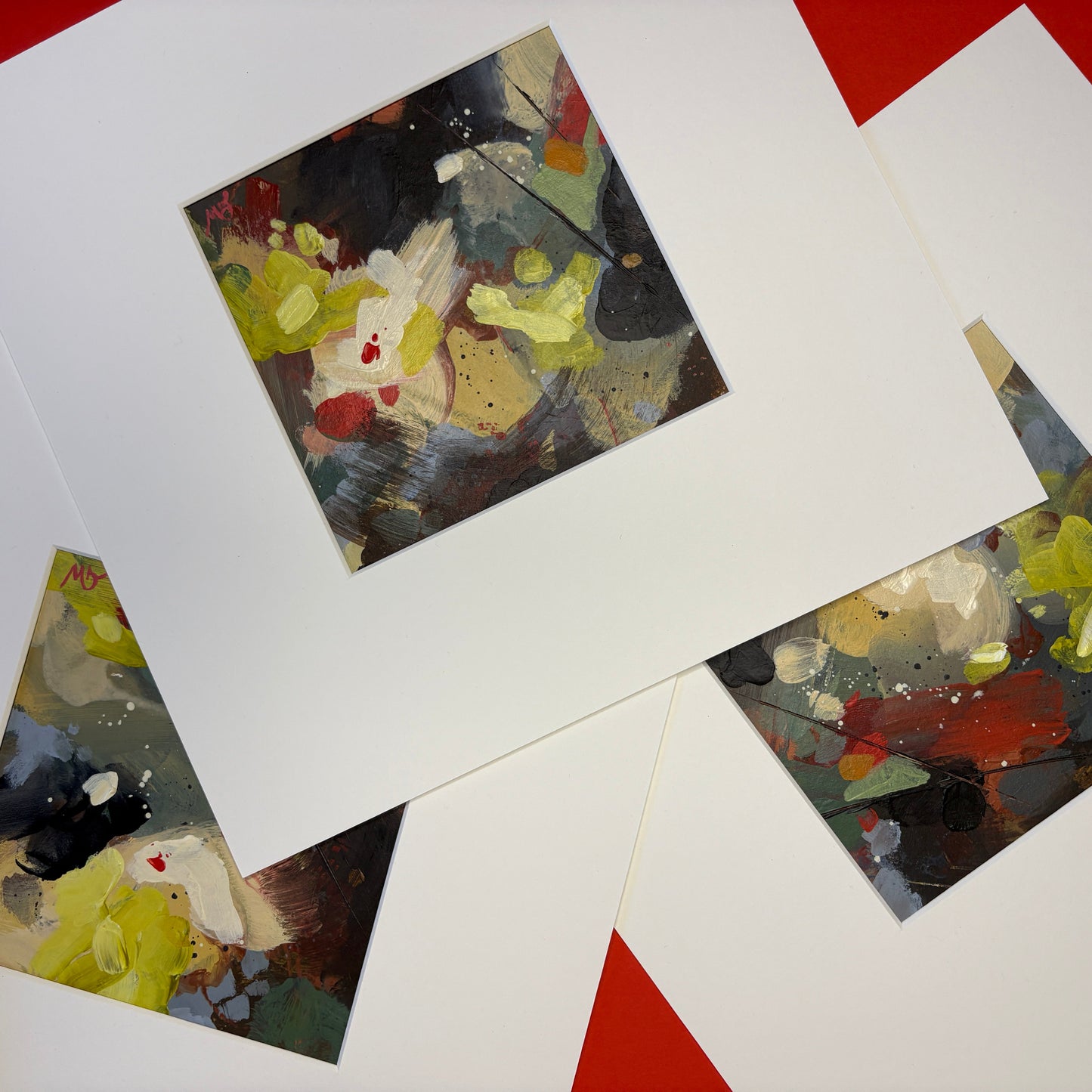 Three abstract paintings inspired by the film Hamnet.