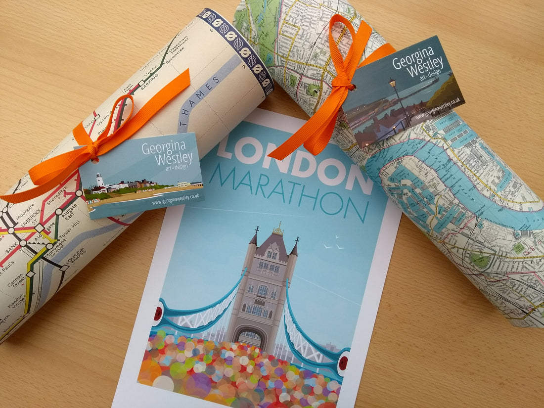 London Marathon print with wrapped tubes