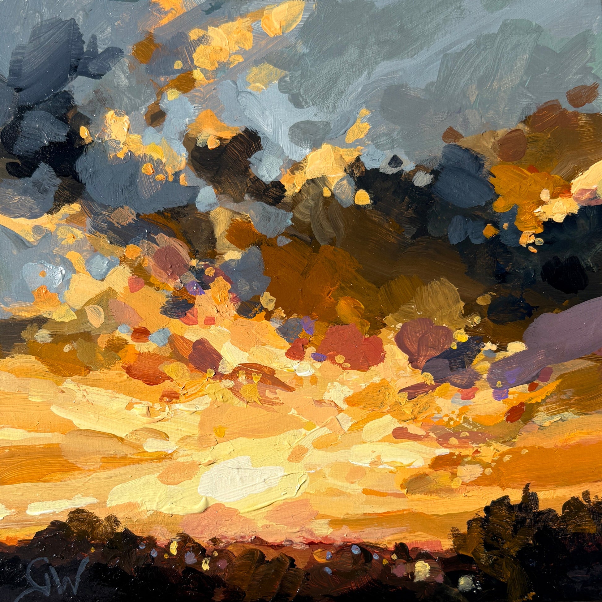 A square canvas painting of an abstract sunset landscape, featuring vibrant yellow, orange, and brown clouds with dark blue and gray tones.