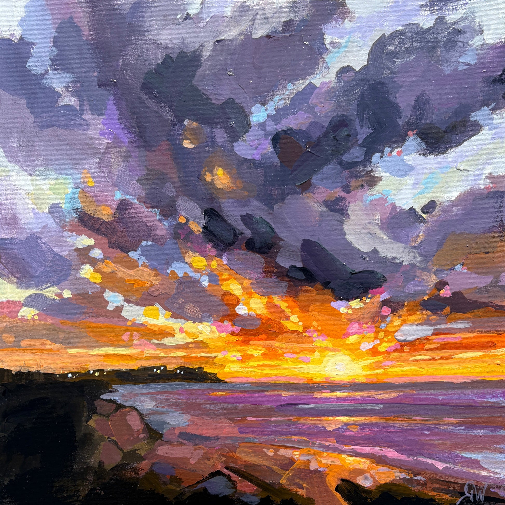 A square framed abstract painting featuring a dramatic yellow sunset and layered purple, graey, and white brushstrokes on the right.
