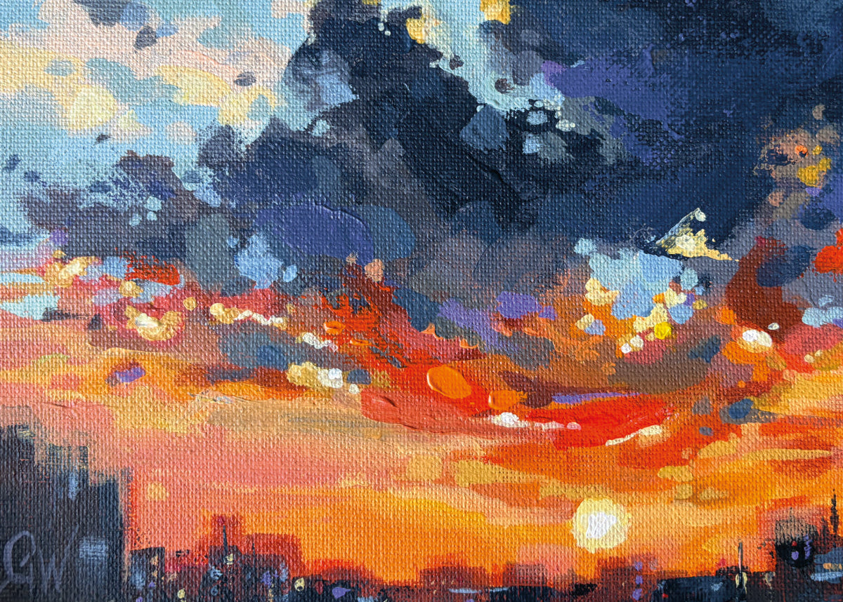 Colorful expressive painting of a sunset with dark clouds and fiery oranges and reds.