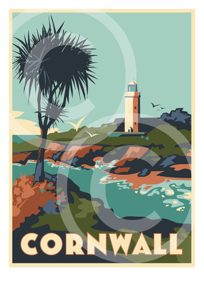 Vintage-style poster of a coastal scene with a lighthouse and palm tree, featuring the word 'Cornwall'.
