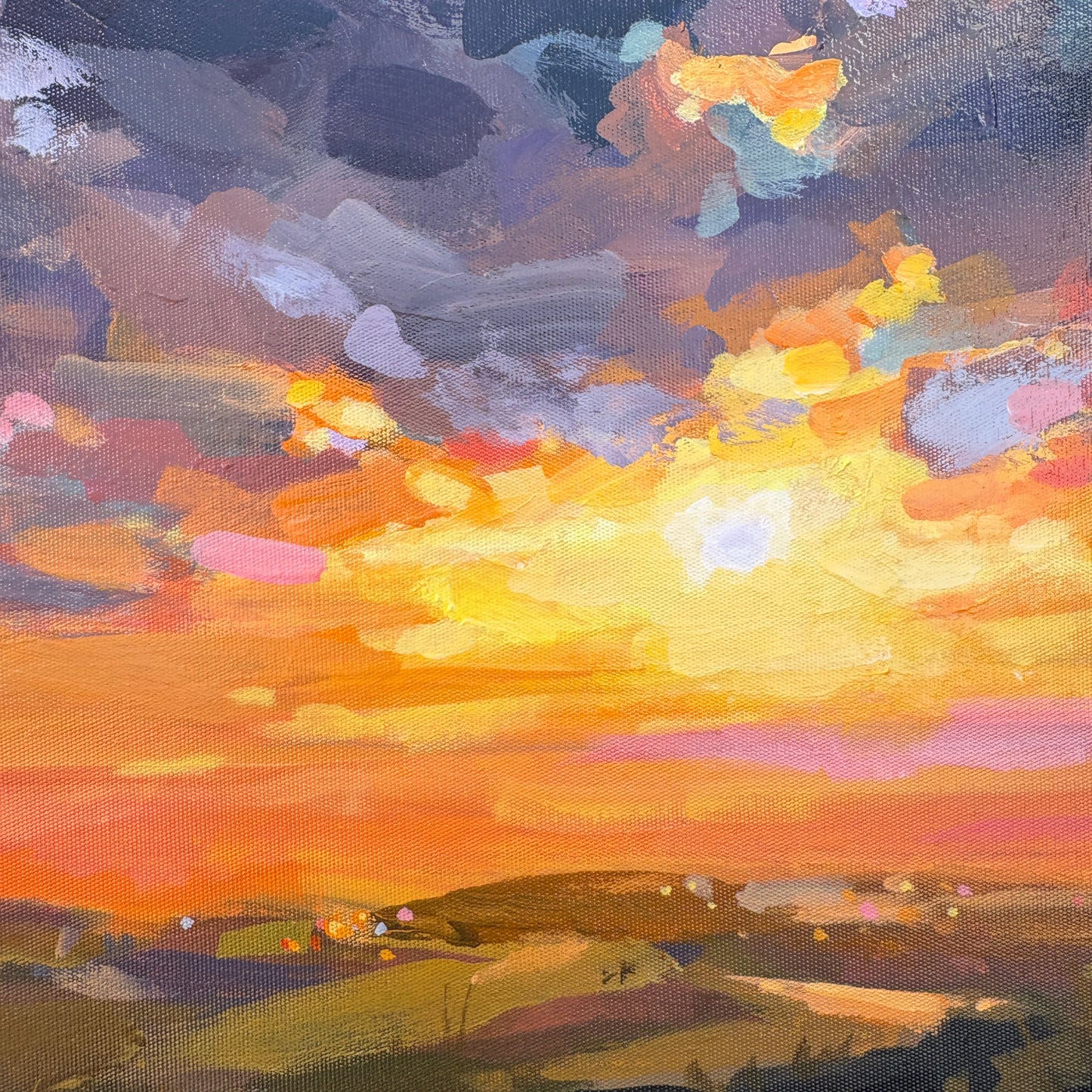 An impressionistic landscape painting of a dramatic sunset over rolling hills, featuring a bright yellow and orange sky with dark purple and blue clouds.