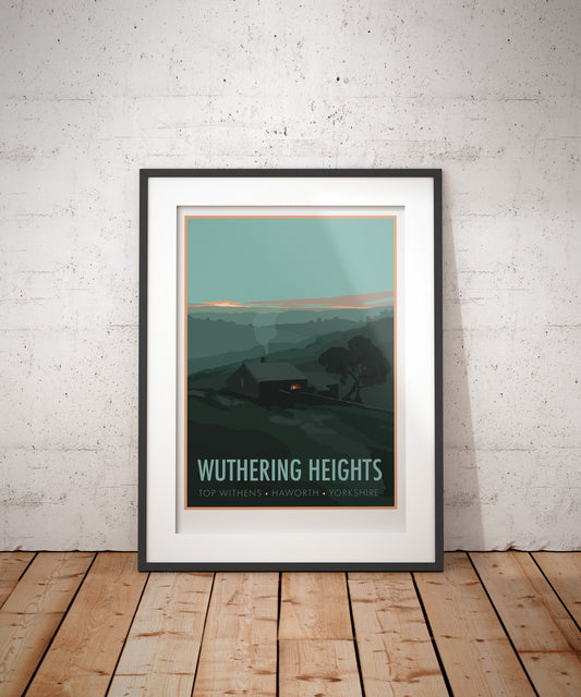 Wuthering Heights travel poster art print featuring Top Withens ruined farmhouse in Haworth by artist Georgina Westley.