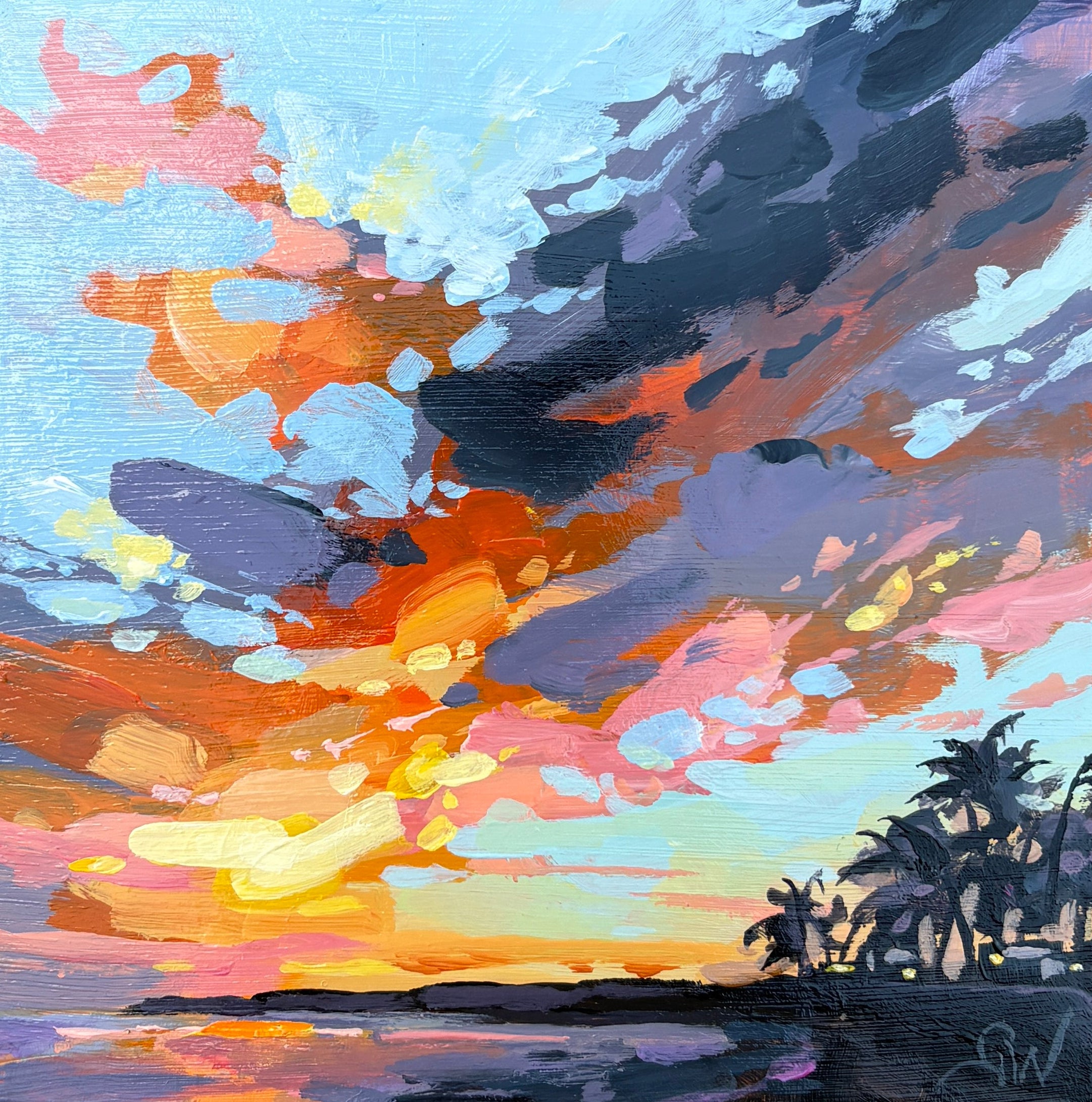 A small square canvas painting of a colourful sunset over water with palm trees.