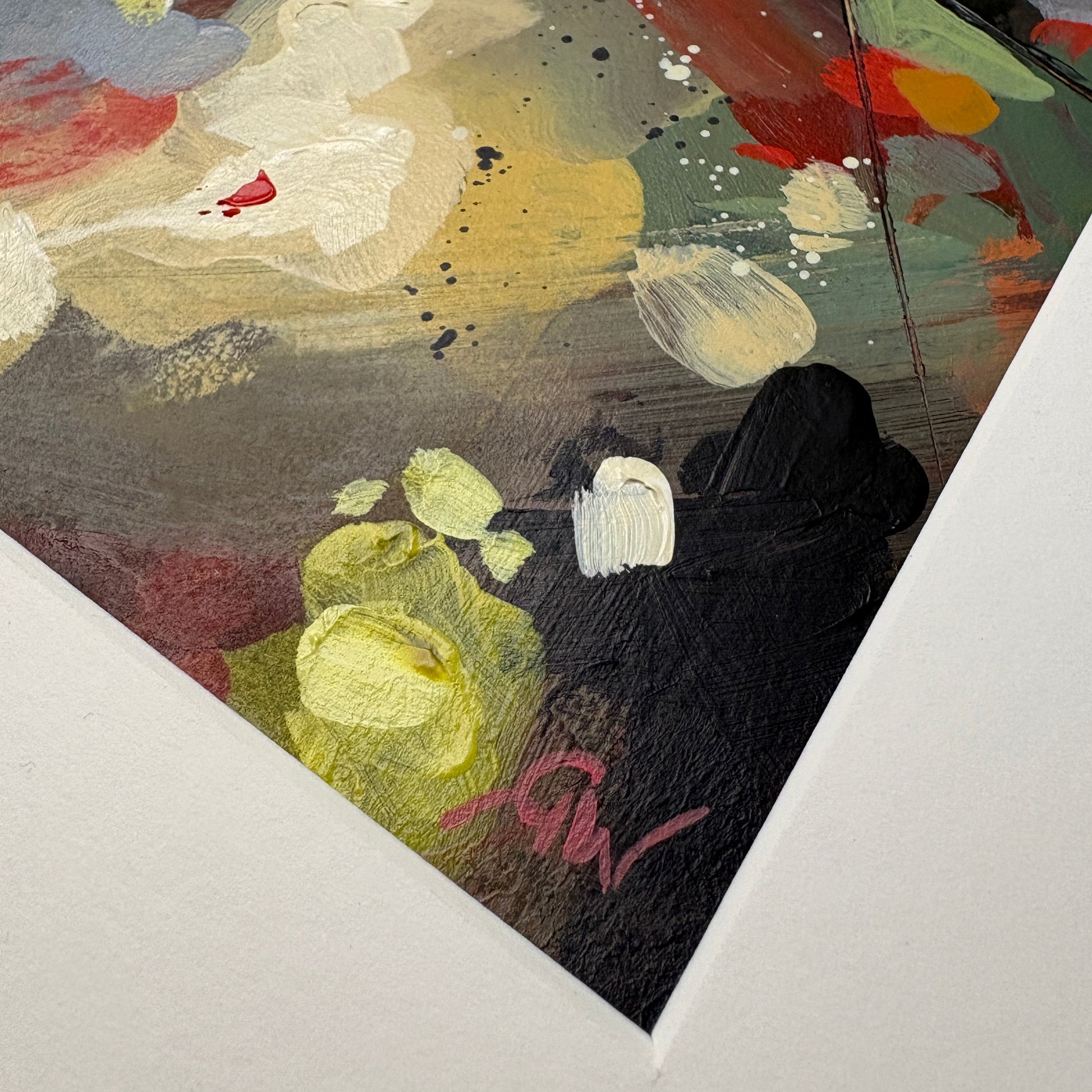 Abstract painting inspired by Hamnet with splashes of red, yellow, and white on a dark background