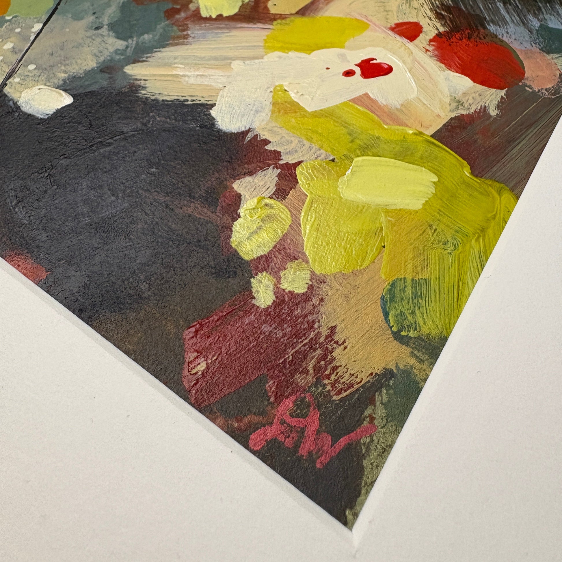 Abstract painting inspired by the film Hamnet with splashes of yellow, red, and white on a dark background