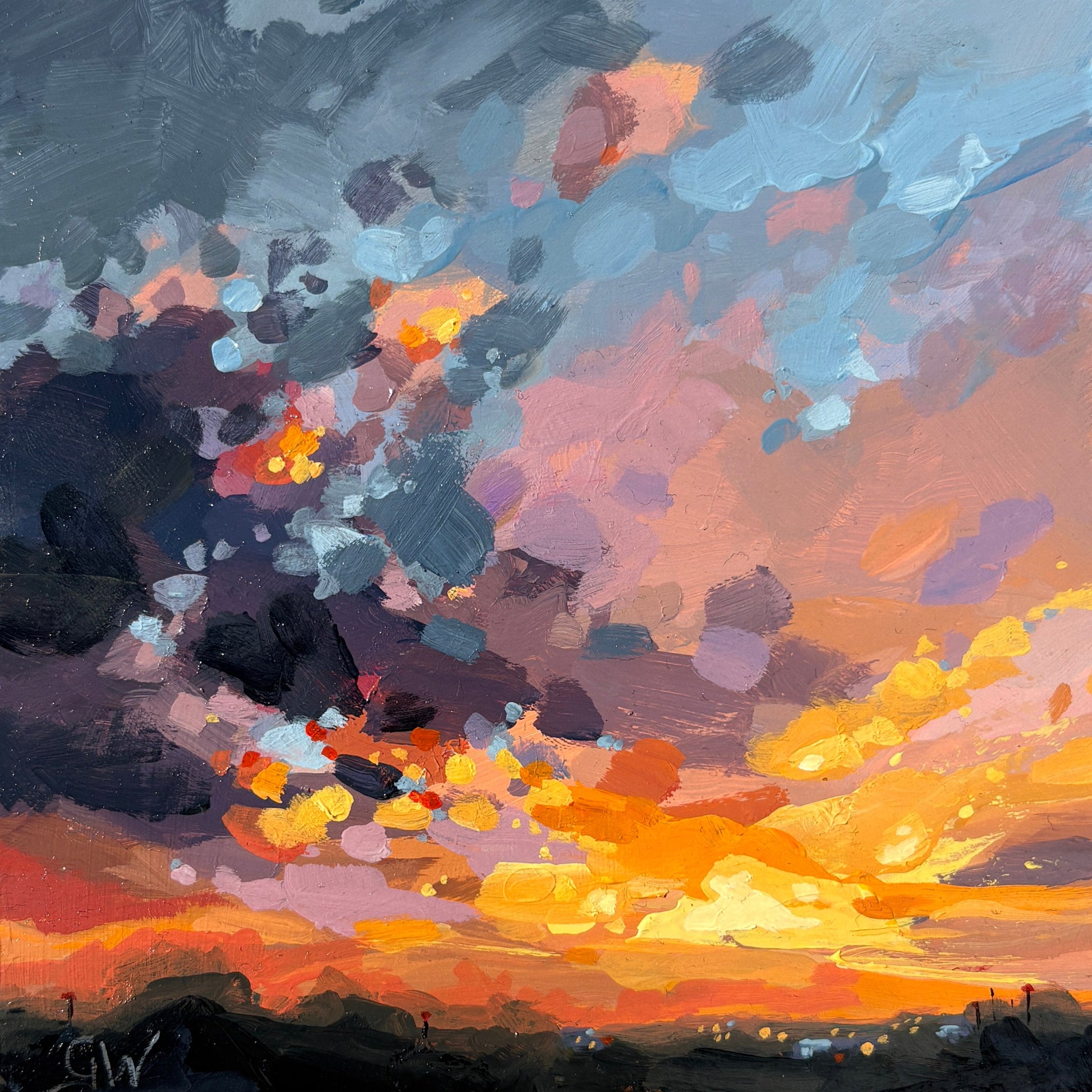 A square canvas painting of an abstract sunset sky with vibrant orange, yellow, pink, and blue brushstrokes.