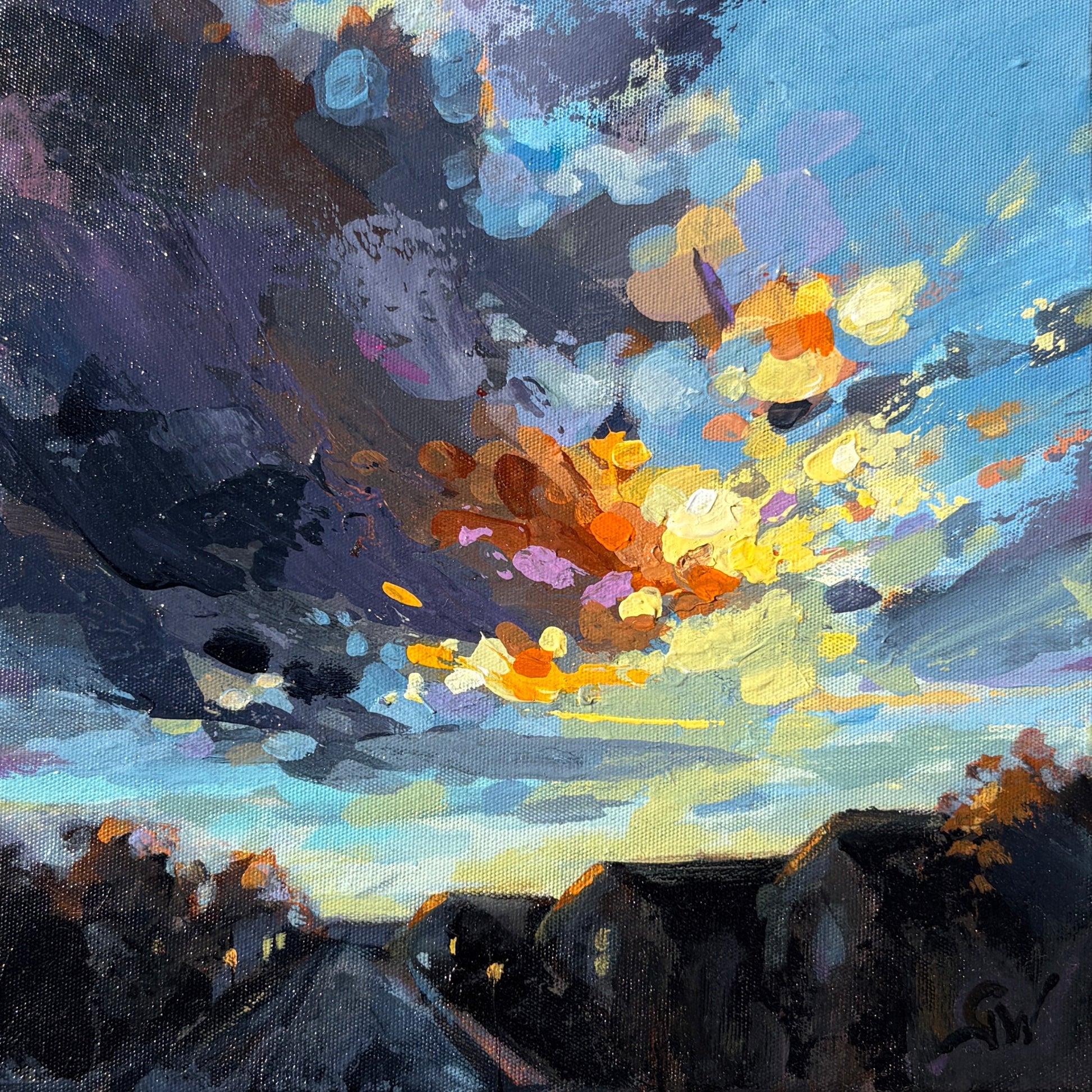 A square framed painting of an abstract landscape with a dramatic sky. The painting features dark storm clouds, a bright blue sky, and vibrant orange, yellow, and white highlights.