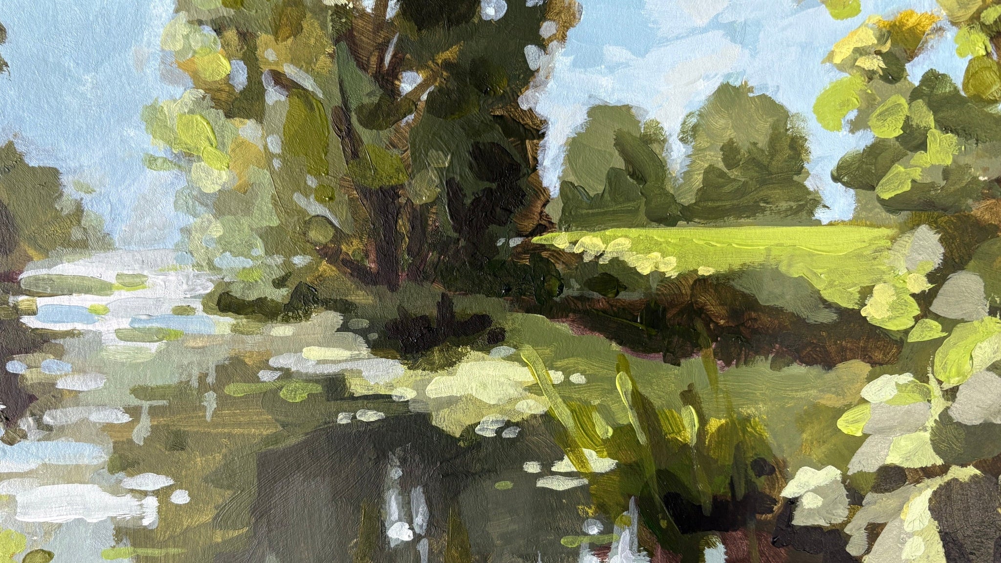 Expressive painting of a serene landscape with trees and water, sunlight glimmers on river