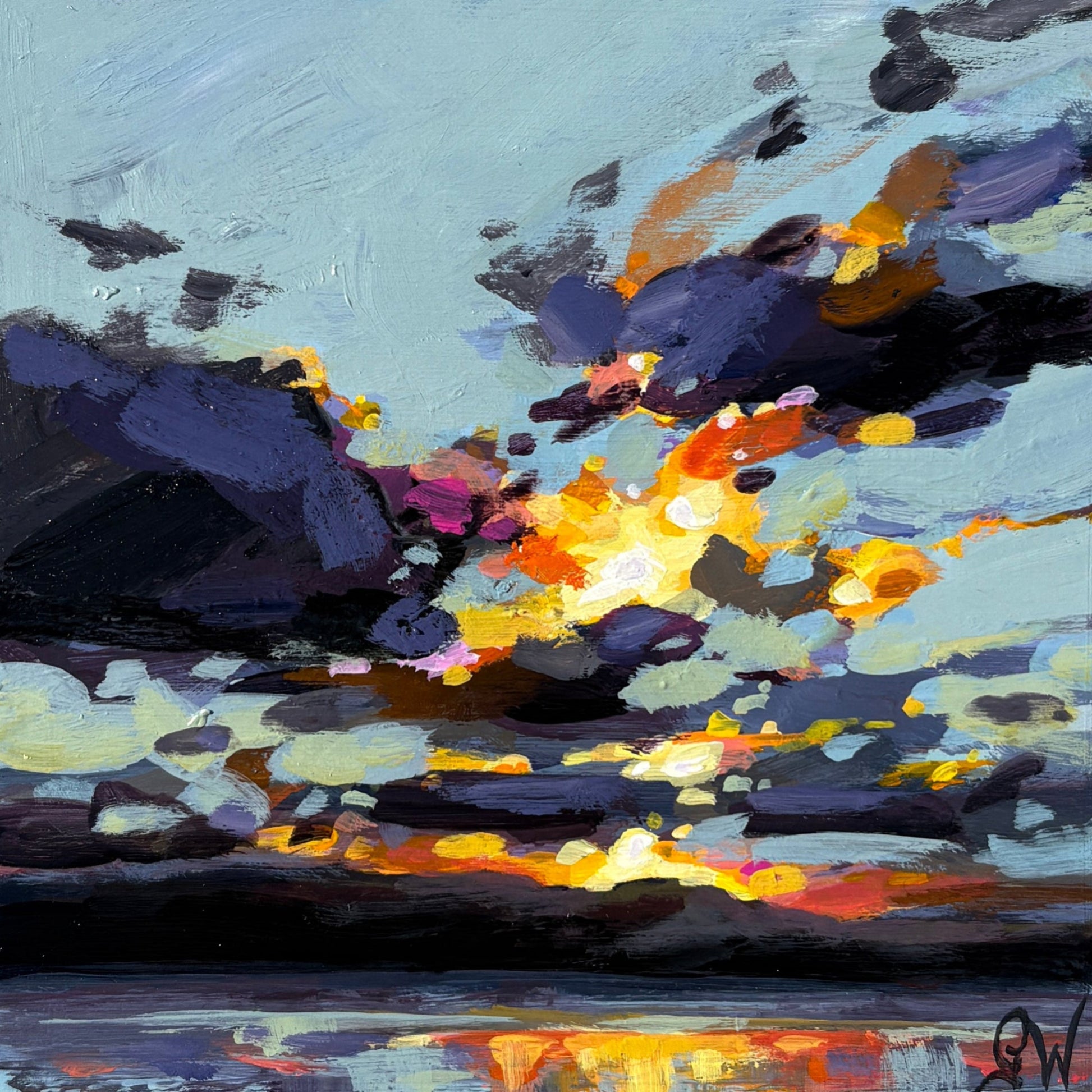 A square canvas painting of a dramatic sunset or storm sky with dark clouds and bright orange-yellow light near the horizon.