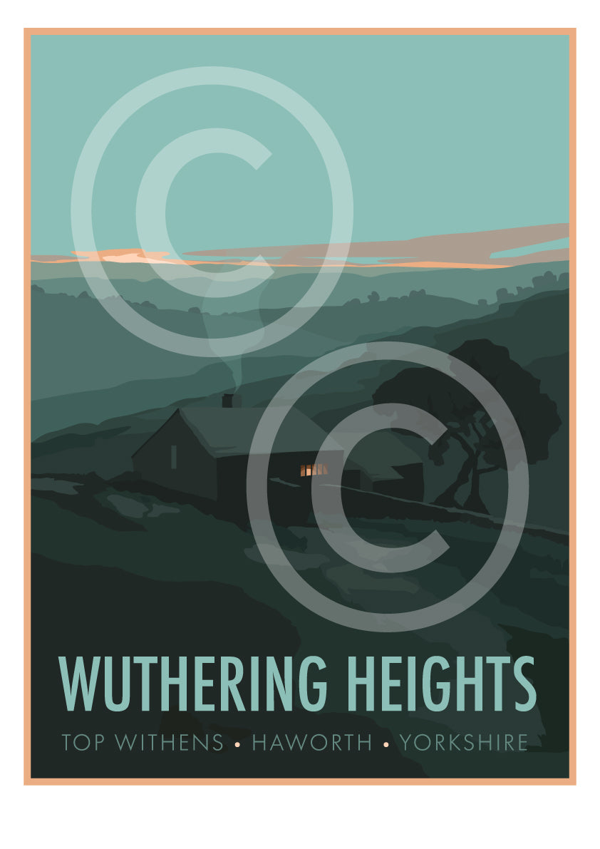 Poster of 'Wuthering Heights' with a silhouette of a house and mountains, featuring the copyright symbol.